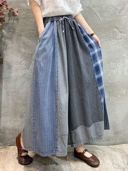 Loose  Drawstring Elasticity Plaid Split-Joint Ninth Jean Pants Bottoms