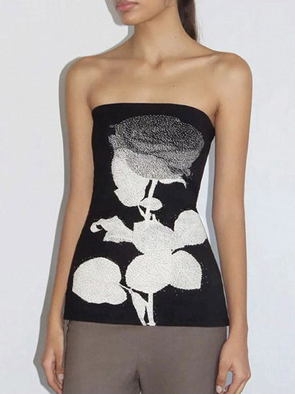 Skinny Sleeveless Contrast Color Flower Print Split-Side Tube Vest Top