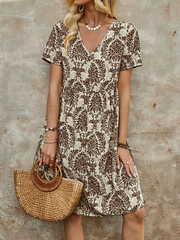 A-Line High Waisted Buttoned Pleated Printed Split-Joint V-Neck Mini Dresses