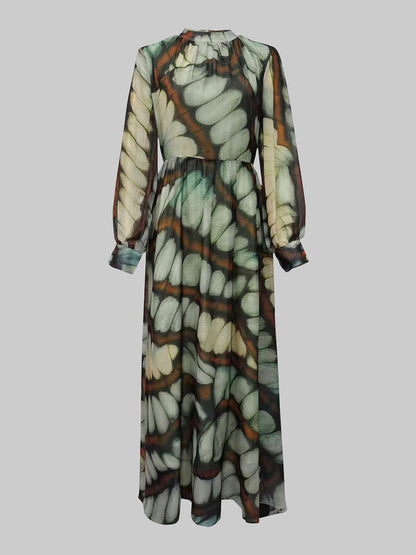 Balloon Sleeves Long Sleeves Big Hemline Contrast Color Pleated Print Zipper Stand Collar Maxi Dresses