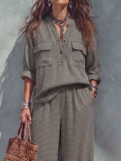 Pockets Plaid Contrast Color Buttoned Three-quarter Sleeves Loose V-neck Blouses&shirts Tops