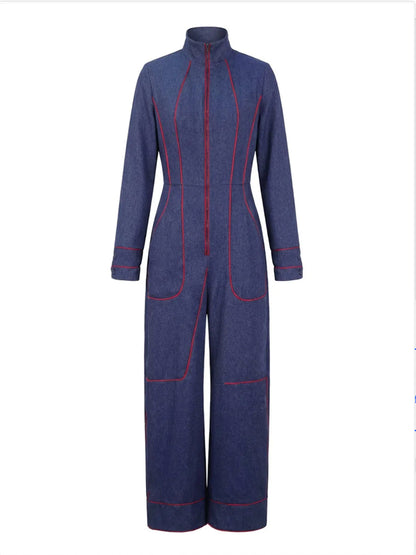 Long Sleeves Wide Leg Zipper Stand Collar Jumpsuits