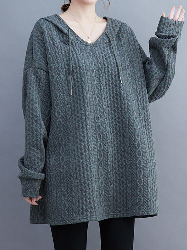 Hooded Long Sleeves Drawstring Jacquard Solid Color Split-Joint Hoodies Tops