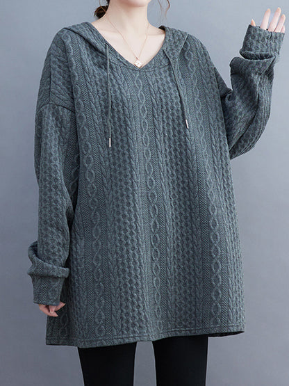 Hooded Long Sleeves Drawstring Jacquard Solid Color Split-Joint Hoodies Tops