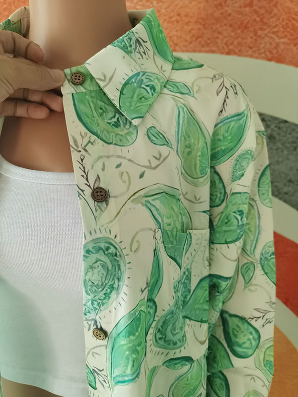 Leaves Print Long Sleeves Loose Buttoned Split-Side Lapel Shirts Top +  Pants Bottom Two Pieces Set