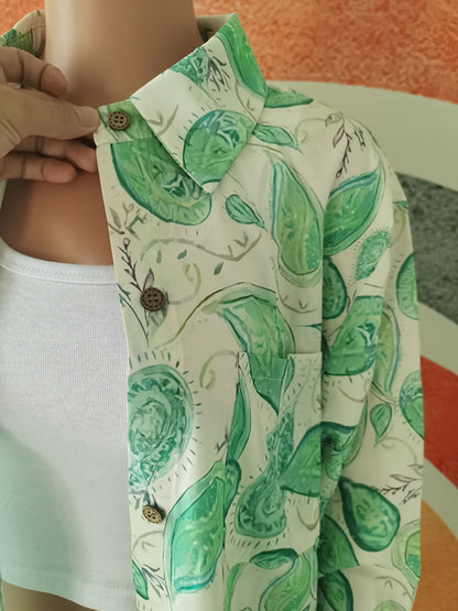 Leaves Print Long Sleeves Loose Buttoned Split-Side Lapel Shirts Top +  Pants Bottom Two Pieces Set