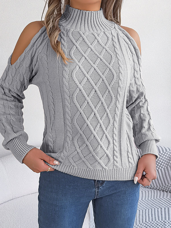 Long Sleeves Loose Hollow Solid Color Cold Shoulder Pullovers Sweater Tops