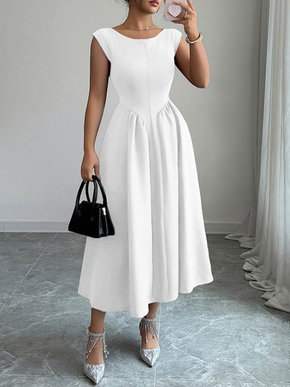 A-Line High Waisted Backless Pleated Pockets Solid Color Boat Neck Midi Dresses