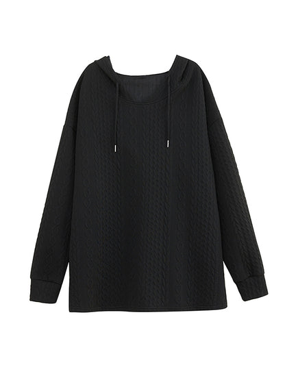 Hooded Long Sleeves Drawstring Jacquard Solid Color Split-Joint Hoodies Tops