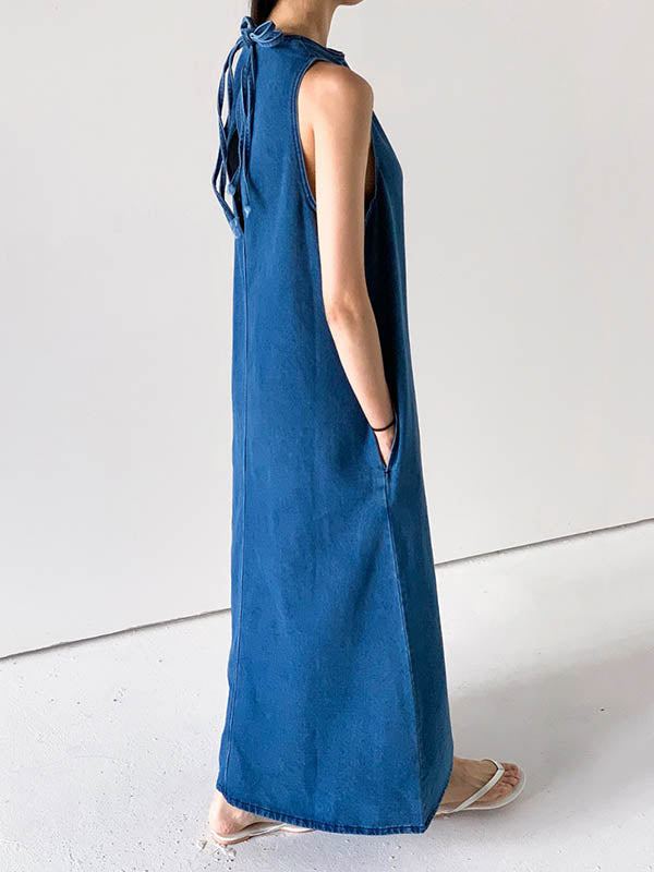 A-Line Loose Pockets Solid Color Tied Round-Neck Maxi Dresses