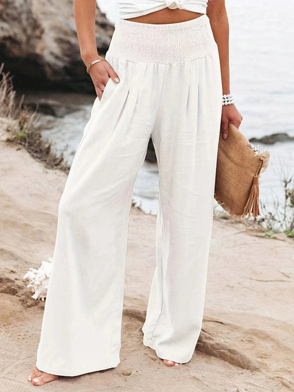 Elasticated Waist High Waisted Pleated Pockets Solid Color Split-Joint Pants