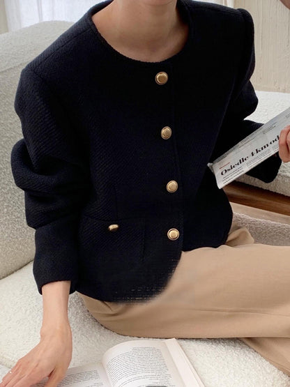 Long Sleeves Loose Buttoned Pockets Round-Neck Outerwear