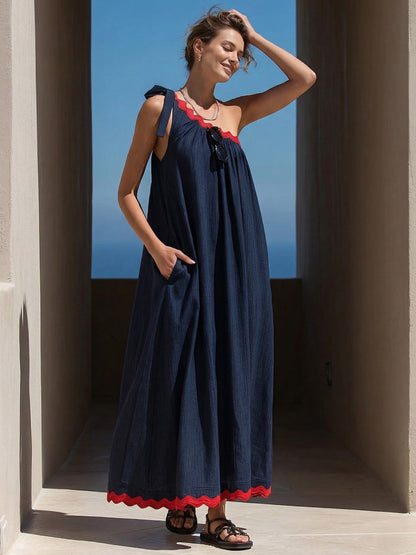 A-Line Loose Pleated Pockets Split-Joint Tied One-Shoulder Maxi Dresses