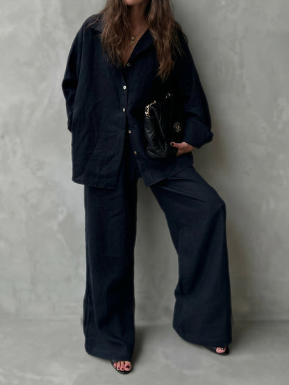 Loose Solid Color Lapel Buttoned Long Sleeves Blouses&Shirts Tops + Pockets Pants Trousers Two Pieces Set