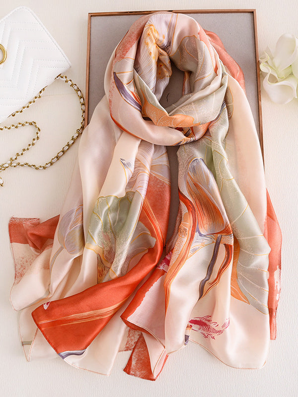 Vintage Floral Printed Silk Imitation Shawl Scarf