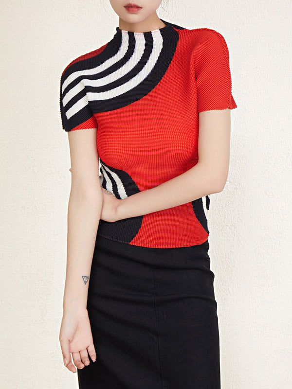 Short Sleeves Contrast Color Printed Mock Neck T-Shirts Tops