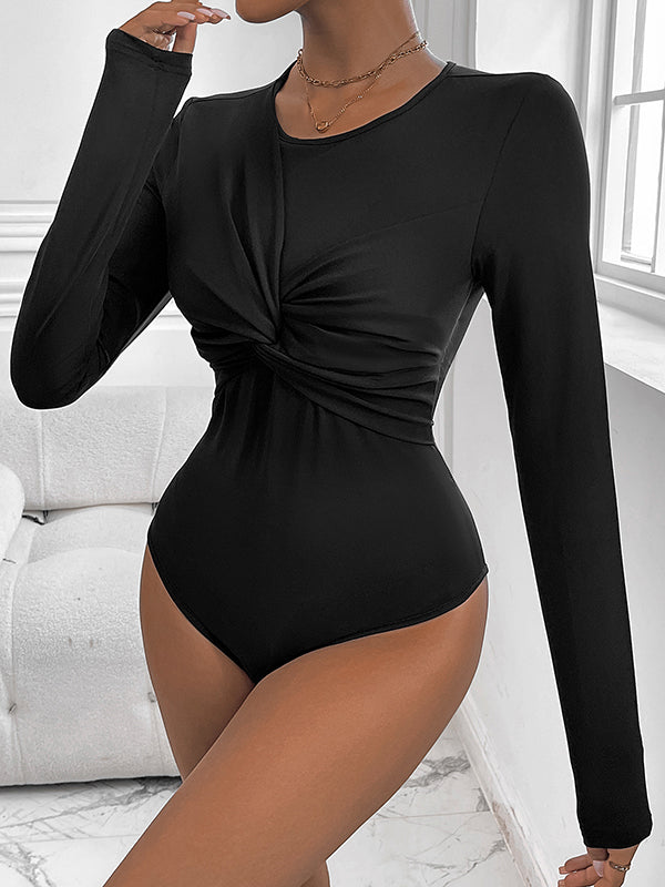 Bodycon Long Sleeves Knot Solid Color Round-Neck Bodysuits