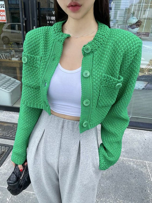 Long Sleeves Buttoned Pockets Solid Color Round-Neck Cardigan Tops