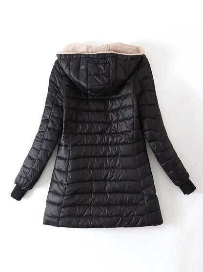 Long Sleeves Keep Warm Pockets Velvet Zipper Hooded Outerwear Padded Coat