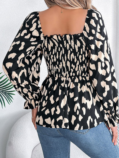 Long Sleeves Puff Sleeves Leopard Pleated Ruffled Square-Neck T-Shirts Tops