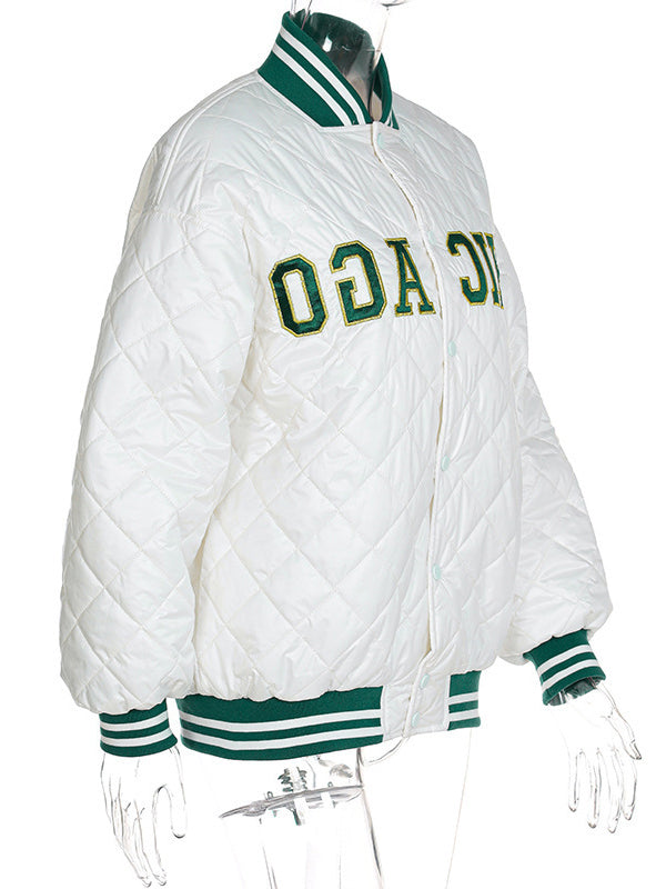 Long Sleeves Loose Contrast Color Embroidered Split-Joint Stand Collar Padded Coat