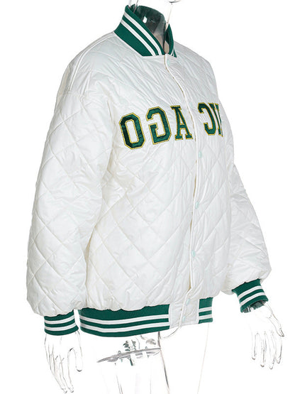 Long Sleeves Loose Contrast Color Embroidered Split-Joint Stand Collar Padded Coat