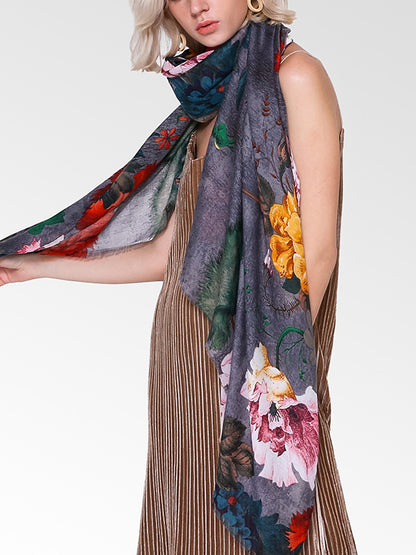 Floral Printed Fringed Shawl&Scarf