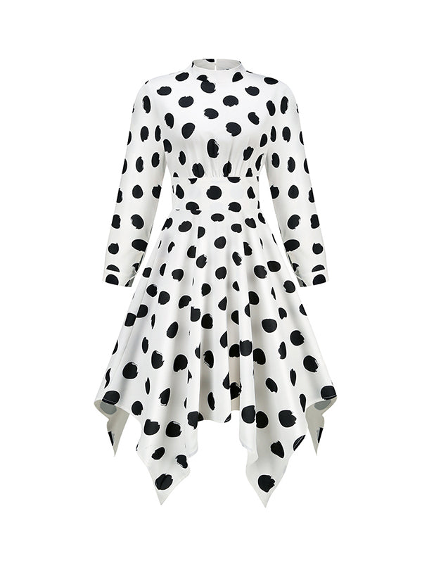 A-Line Long Sleeves Elasticity Hollow Polka-Dot Mock Neck Midi Dresses