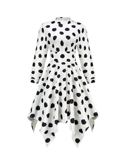 A-Line Long Sleeves Elasticity Hollow Polka-Dot Mock Neck Midi Dresses