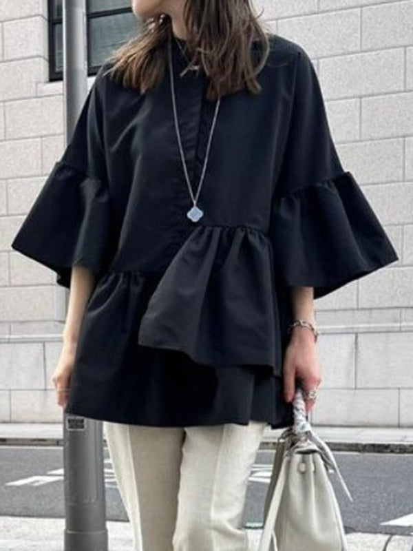 Long Sleeves Loose Elasticity Pleated Solid Color Split-Joint Zipper Round-Neck Outerwear