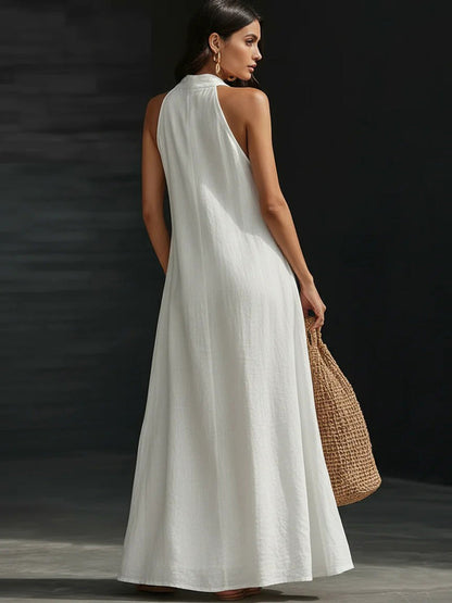 A-Line Loose Pockets Solid Color V-Neck Maxi Dresses
