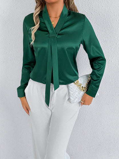 Long Sleeves Loose Solid Color Split-Joint Streamer Scarf Collar Blouses&Shirts Tops