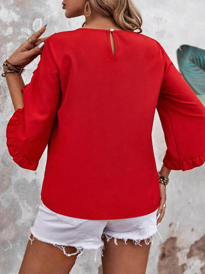 Batwing Sleeves Long Sleeves Ruffled Solid Color Split-Joint Round-Neck Blouses&Shirts Tops
