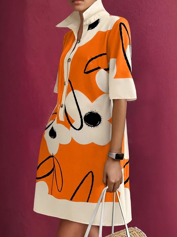 A-Line Half Sleeves Buttoned Contrast Color Flower Print Pockets Stand Collar Mini Dresses