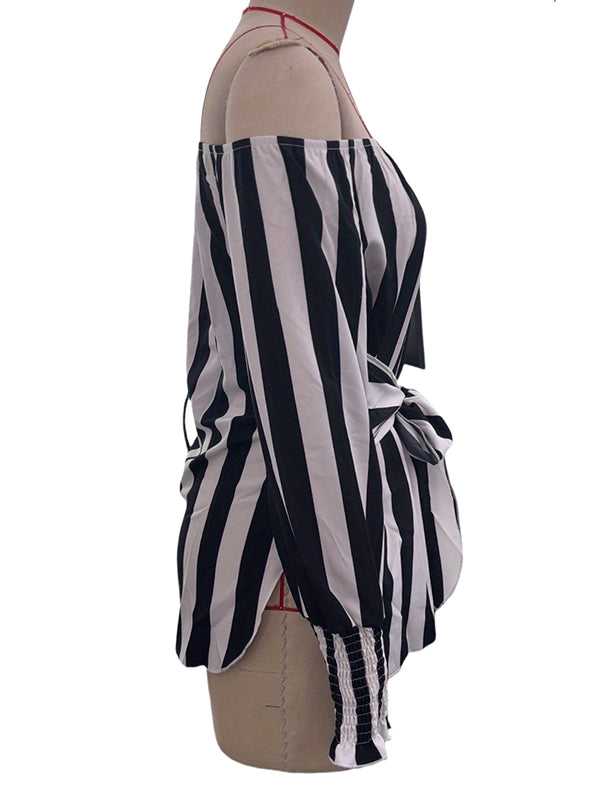 Long Sleeves Loose Contrast Color Elasticity Split-Joint Striped Tied Waist Off-The-Shoulder Blouses&Shirts Tops