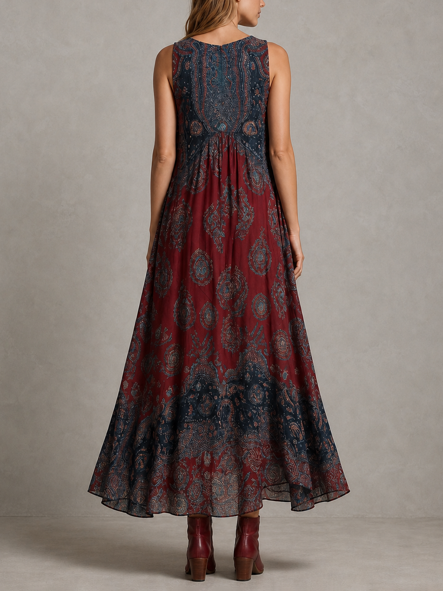 Printed Pleated Contrast Color Sleeveless Loose V-Neck Maxi Dresses