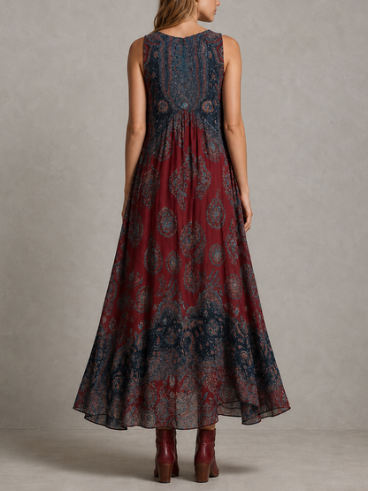 Printed Pleated Contrast Color Sleeveless Loose V-Neck Maxi Dresses