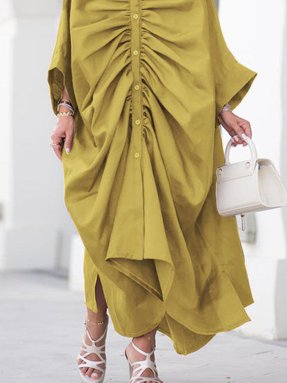 Long Sleeves Loose Buttoned Pleated Solid Color Lapel Maxi Dresses Shirt Dress