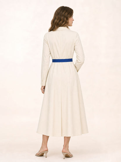 Solid Color Pockets Pleated Buttoned Belted Asymmetric Long Sleeves Lapel Shirt Dress Midi Dresses