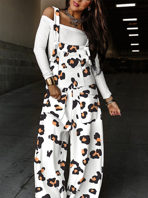 Loose Sleeveless Knot Leopard Pockets Split-Joint Overalls