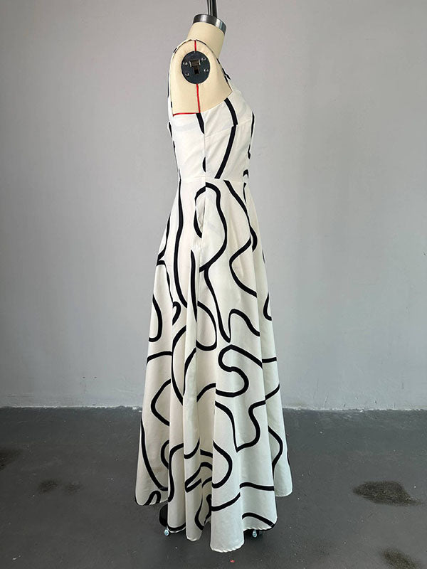 A-Line High Waisted Pockets Printed Split-Joint Spaghetti-Neck Maxi Dresses