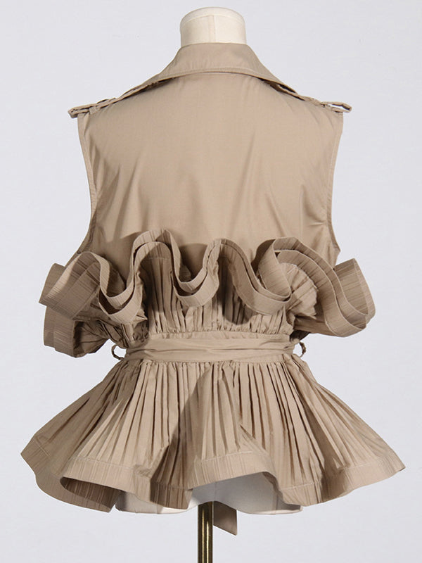 Loose Sleeveless Buttoned Pleated Ruffled Solid Color Tied Waist Notched Collar Blouses&Shirts Tops