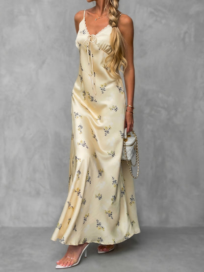 A-line Sleeveless Flower Print Pleated Tied Spaghetti-Neck Maxi Dresses