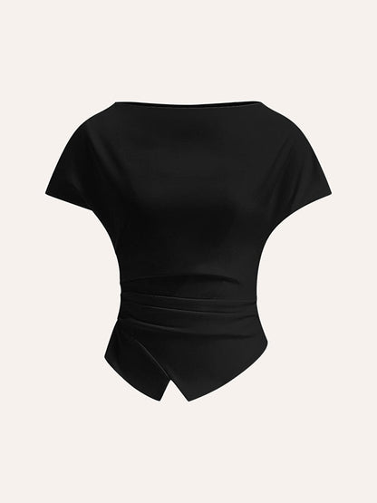 Loose Raglan Sleeve Asymmetric Pleated Solid Color Split-Joint Round-Neck T-Shirts