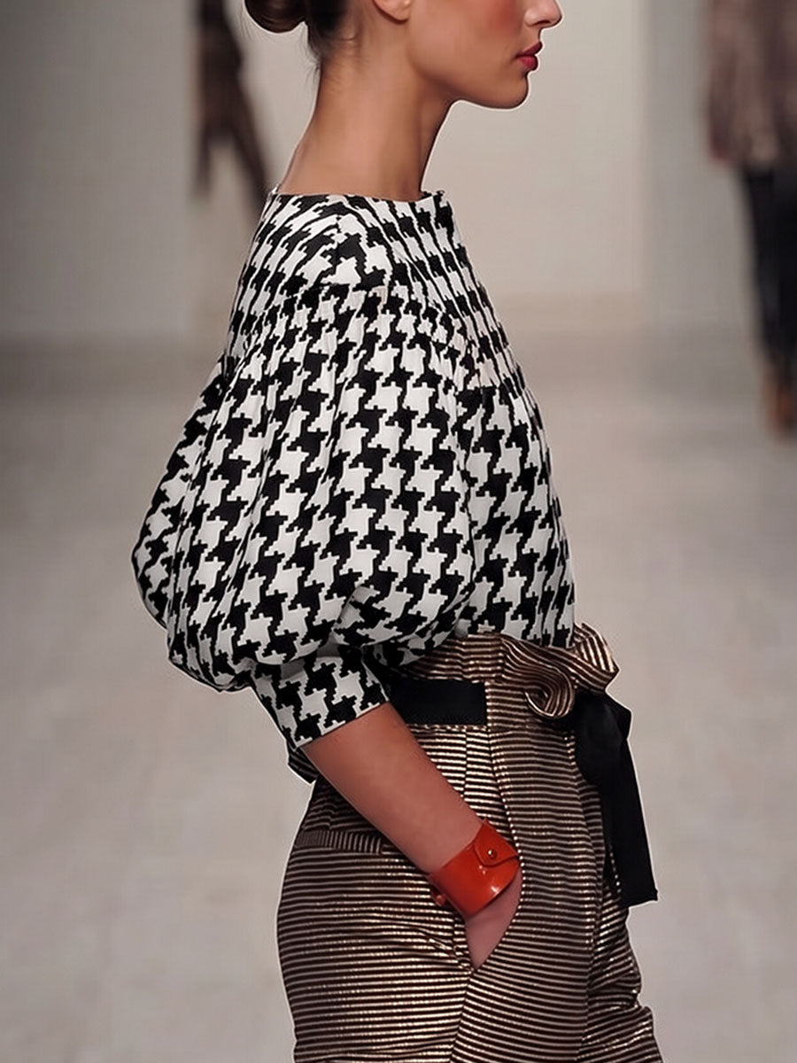 Split-Joint Printed Houndstooth Contrast Color Puff Sleeves Loose Boat Neck Blouses&shirts Tops