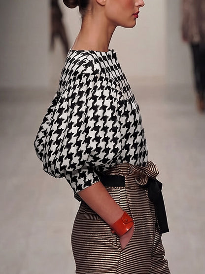Split-Joint Printed Houndstooth Contrast Color Puff Sleeves Loose Boat Neck Blouses&shirts Tops