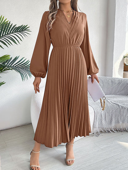 A-Line High Waisted Elasticity Pleated Solid Color V-Neck Maxi Dresses