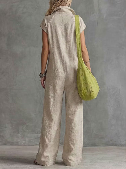 Zipper Solid Color Pockets Wide Leg Loose Stand Collar Jumpsuits