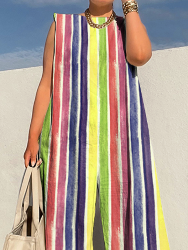 Loose Sleeveless Contrast Color Striped Jumpsuits