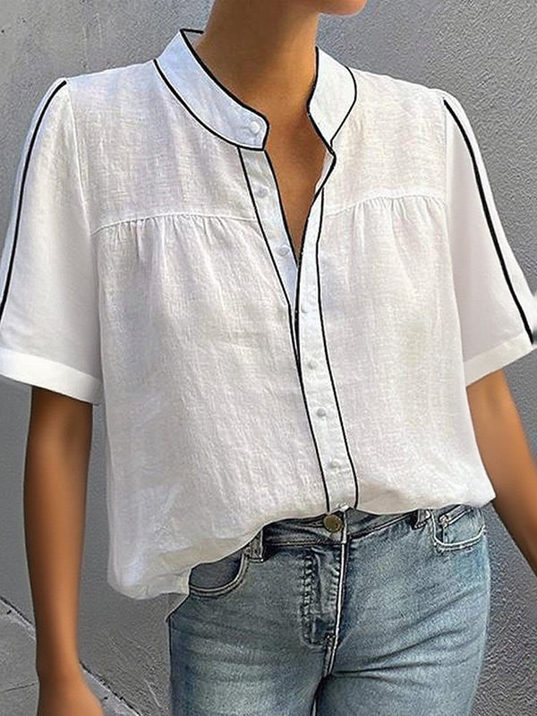 Loose Short Sleeves Buttoned Contrast Color Blouses&Shirts Tops